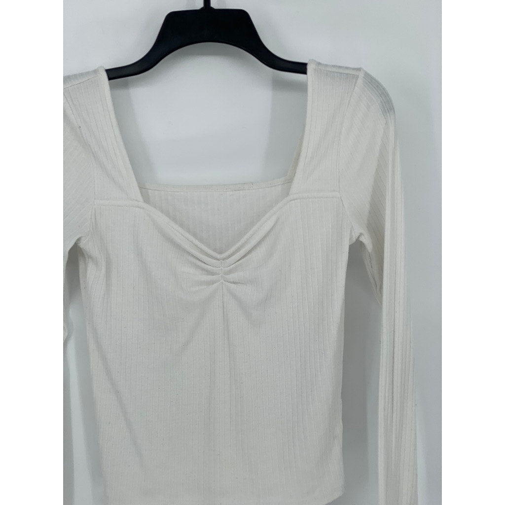 UNBRANDED Women's White Wide Rib V-Neck Long Sleeve Top SZ S