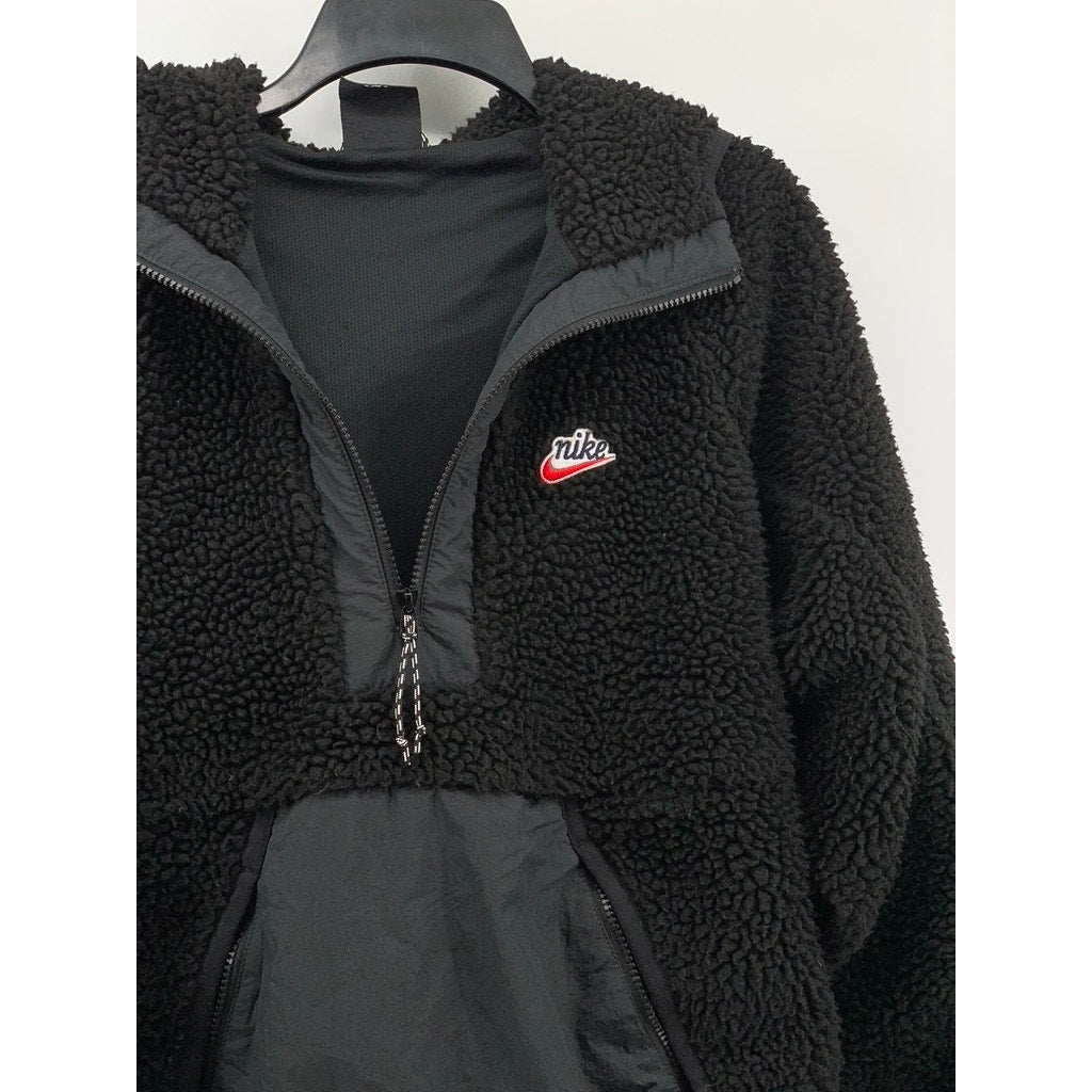 NIKE Men's Vintage Black Sherpa Embroidered Patch Half-Zip Jacket SZ XS