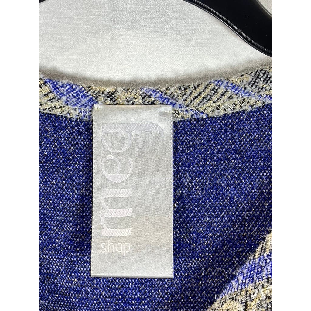 MEG SHOP Women's Metallic Gold/Blue Long Sleeve Pinched Hem Striped Blouse SZ L