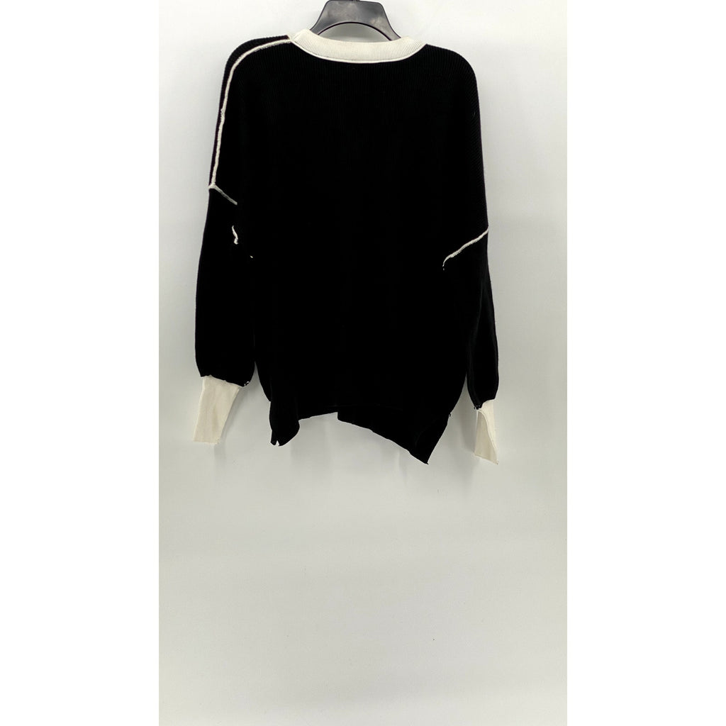 UNBRANDED Women's Black-White Crewneck Ribbed Drop Shoulder Sweater SZ M