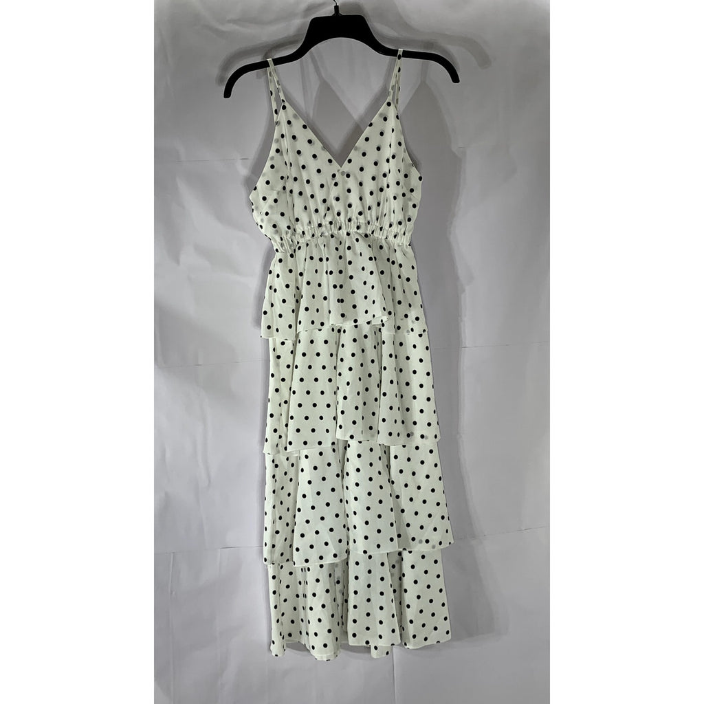 UNBRANDED Women's White-Black Polka-Dot V-Neck Tiered Midi Dress SZ S