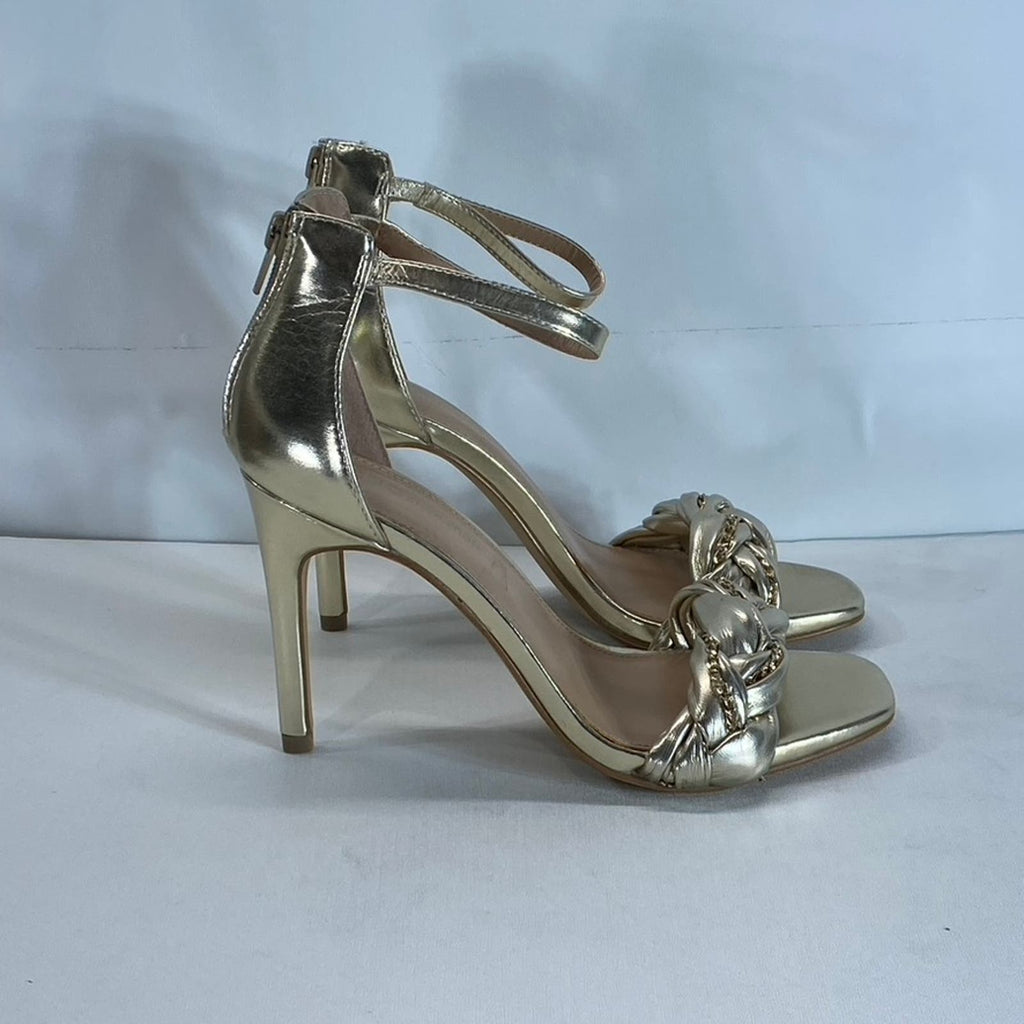 BCBGENERATION Women's Gold Metallic Isabel Braided Chain Heeled Sandals SZ 8.5