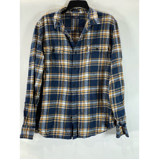 LUCKY BRAND Men's Navy/Yellow Plaid Classic-Fit Button-Up Flannel Shirt SZ L