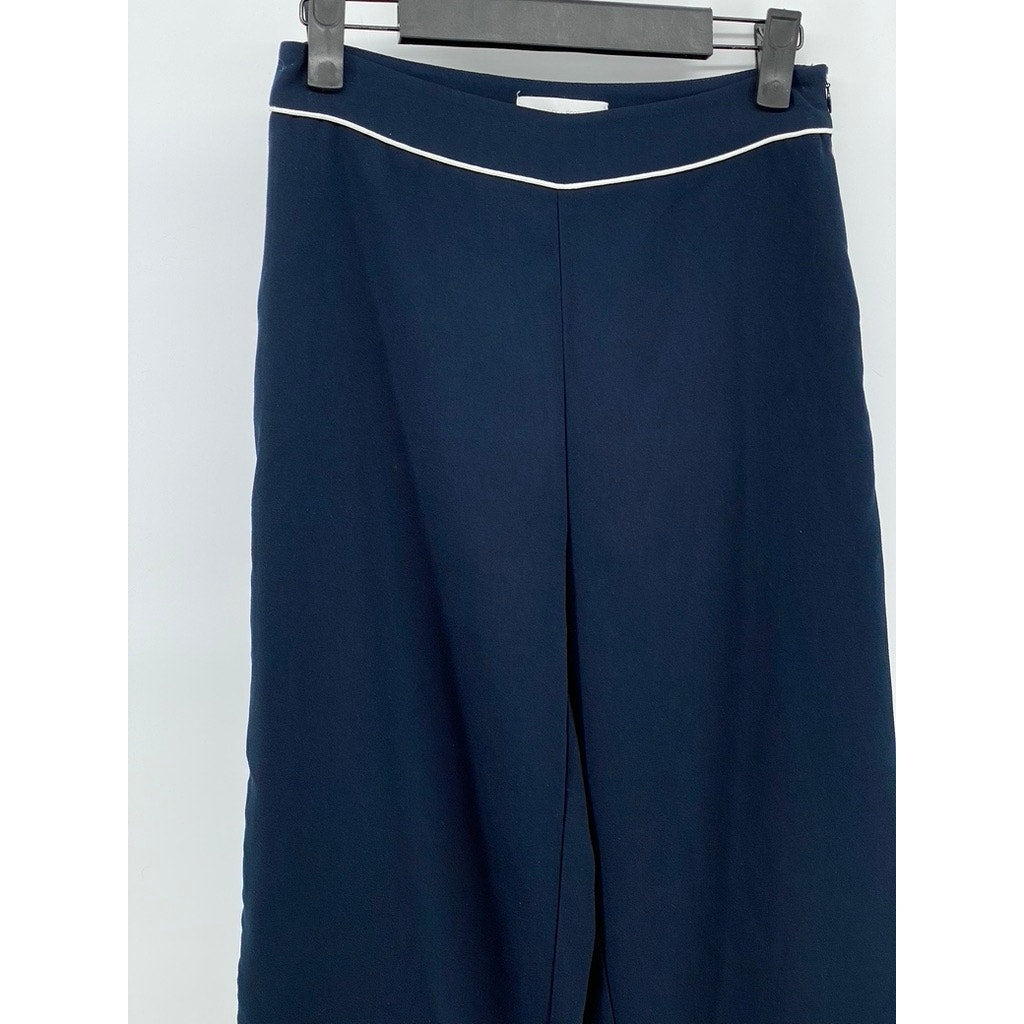 OAK & FORT Women's Navy Blue-White Striped Wide-Leg Side-Zipper Pants SZ 0