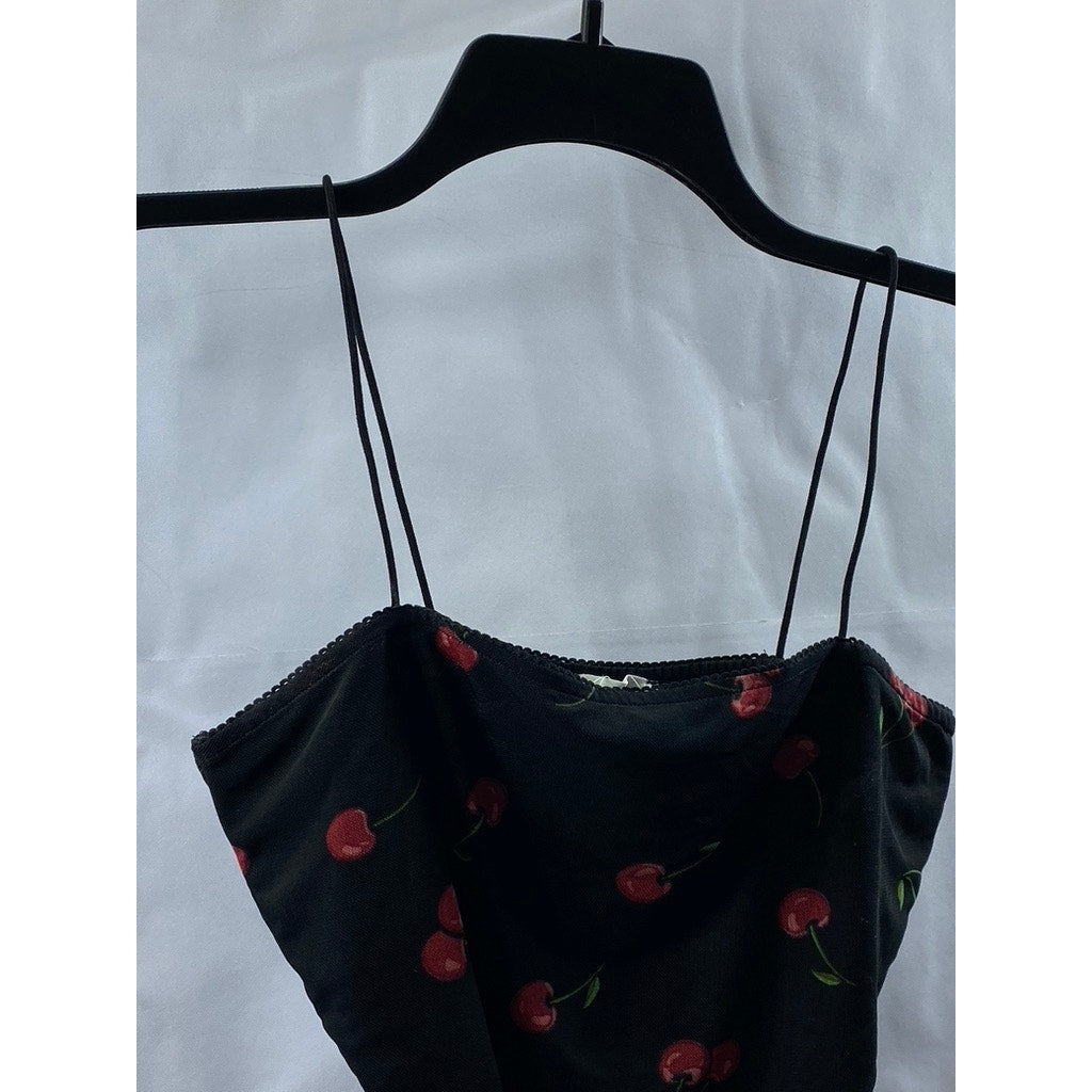 BEAR DANCE Women's Black Cherry Print Mesh Cami Crop Top SZ L