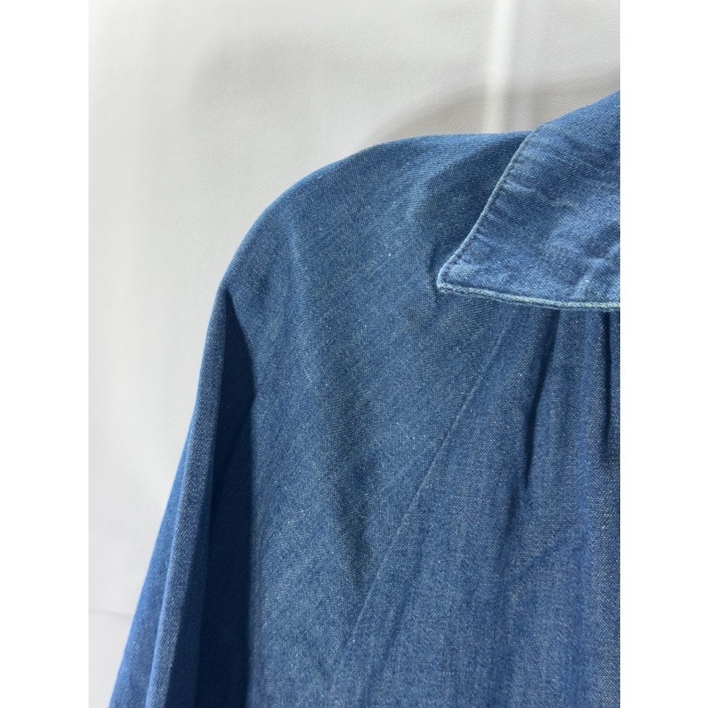 CALVIN KLEIN Women's Blue Denim Long Sleeve Polo-Collar Blouse SZ 3(S)