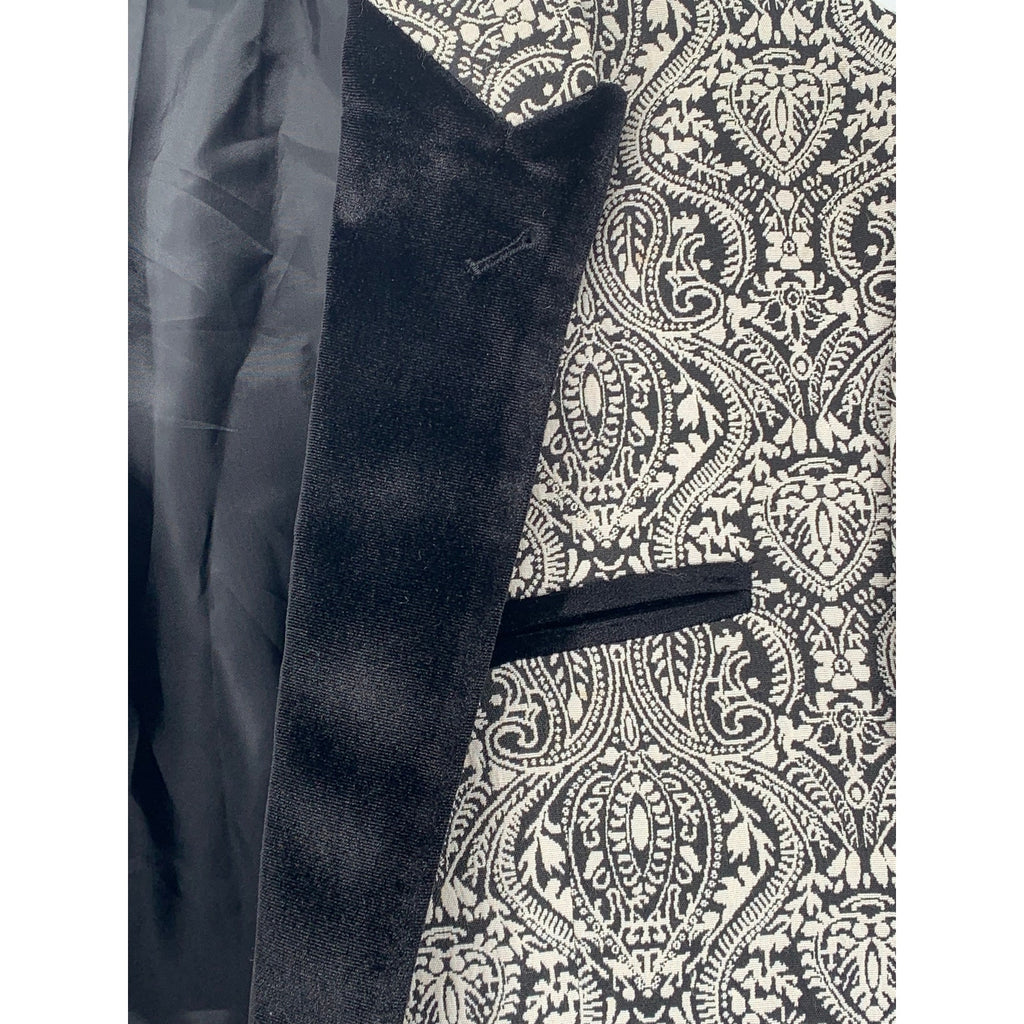 UNBRANDED Men's Black-White Paisley Velour Peak-Collar One-Button Blazer SZ M