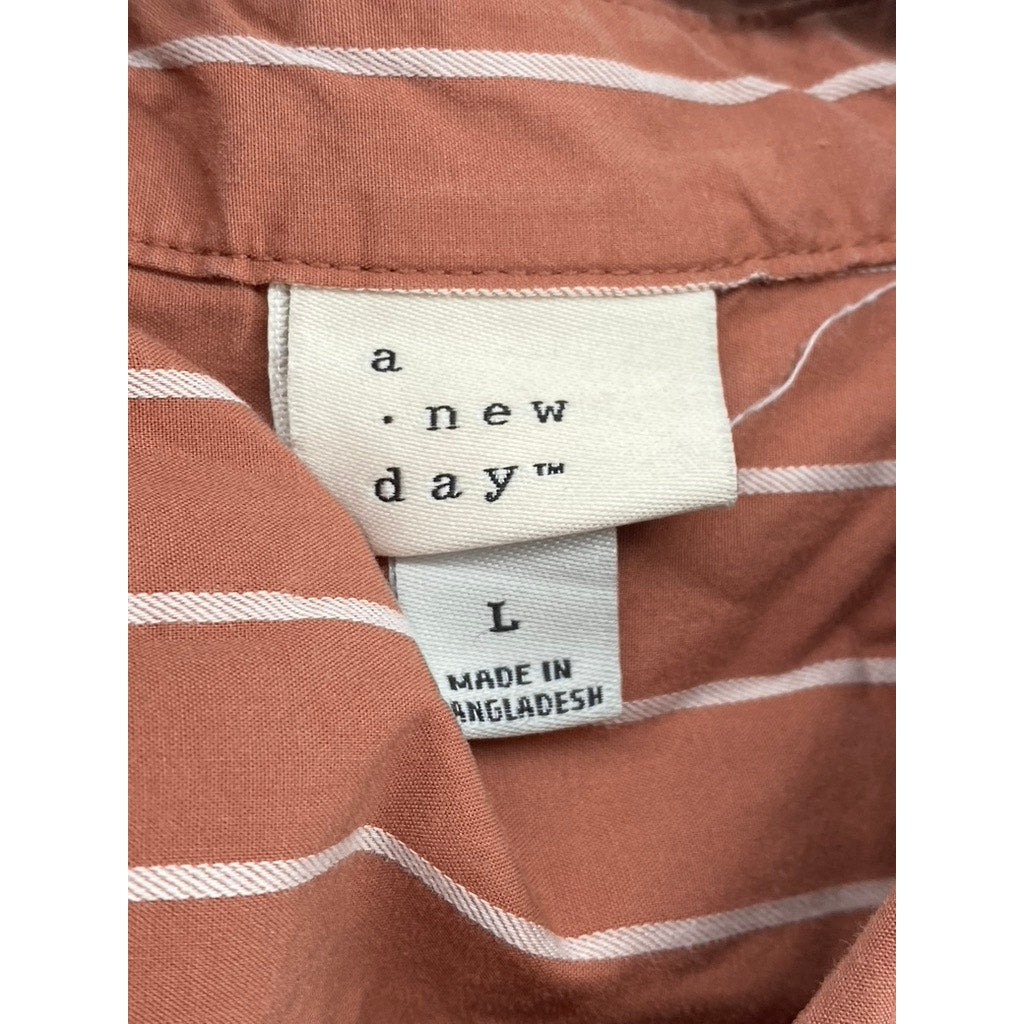 A NEW DAY Women's Terracotta-White Striped Button-Up Long Sleeve Top SZ L