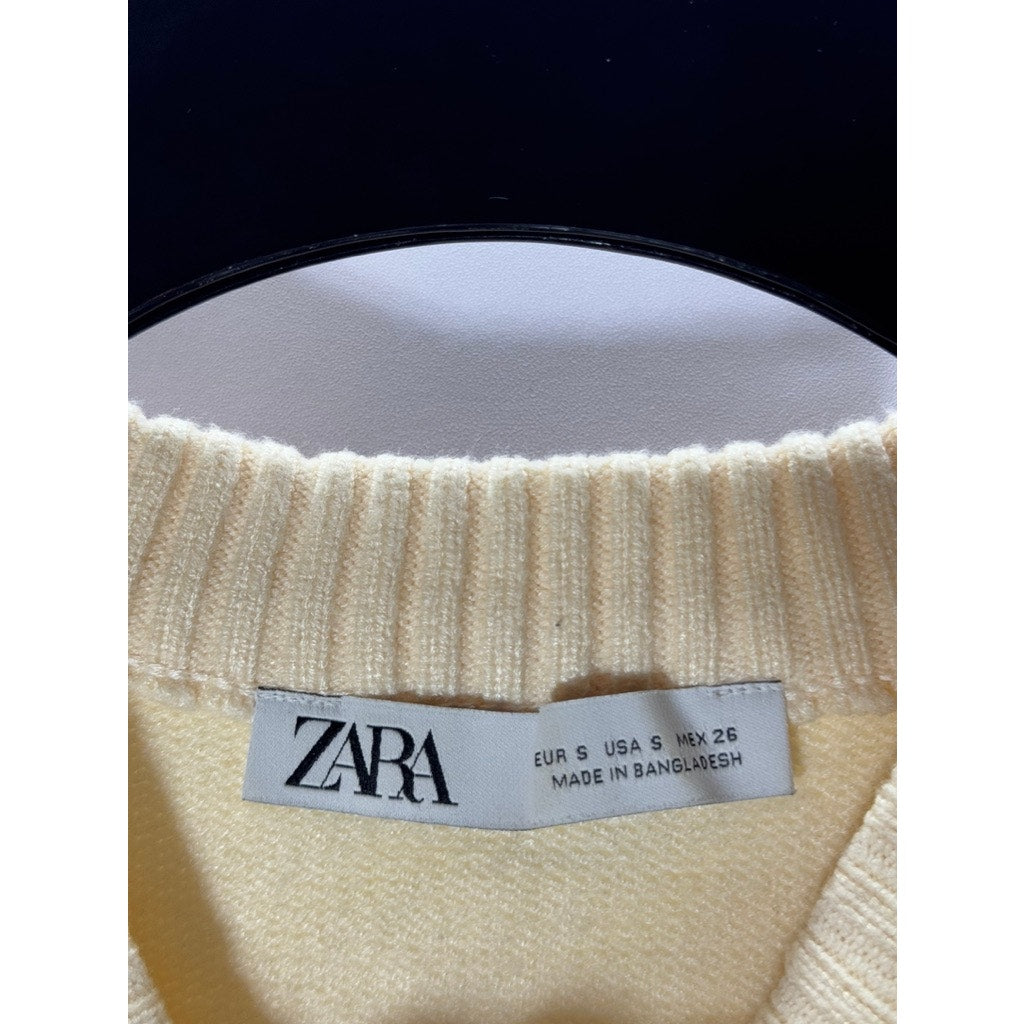 ZARA Women's Beige/Black Striped Crewneck Knit Long Sleeve Pullover Sweater SZ S