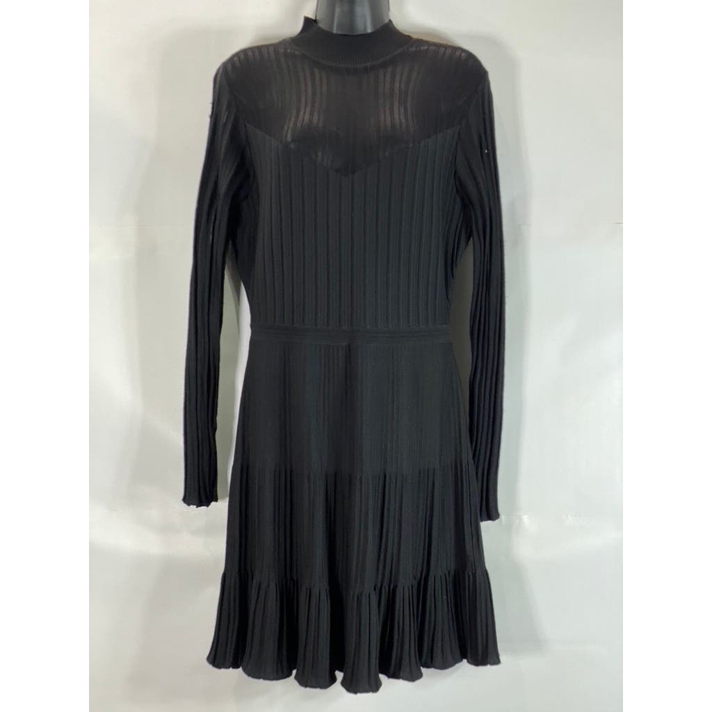 REISS Women's Clemmy Black Pleated Long Sleeve A-line Illusion Dress SZ L