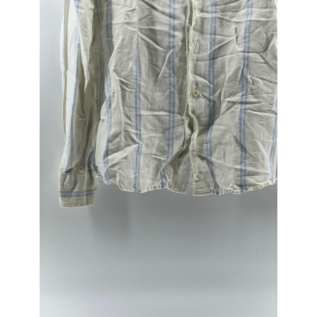 ZARA Men's White-Blue Striped Linen-Blend Button-Up Long Sleeve Top SZ M