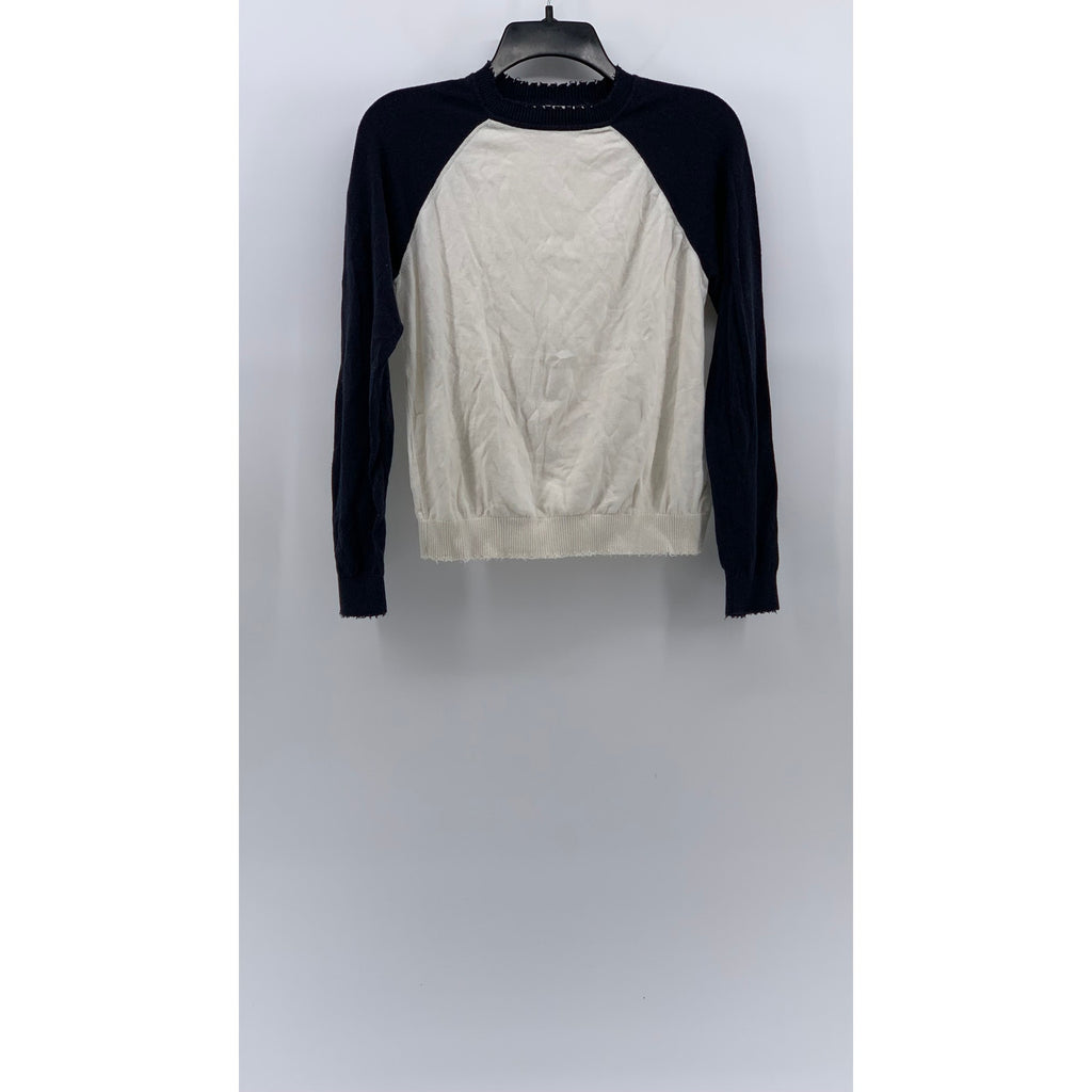 MINNIEROSE Women's White-Navy Color-Block Distressed Knit Pullover Sweater SZ S