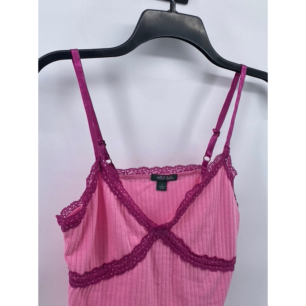 WILD FABLE Women's Pink Rib Knit Lace-Trim V-Neck Spaghetti Strap Cami Top SZ S