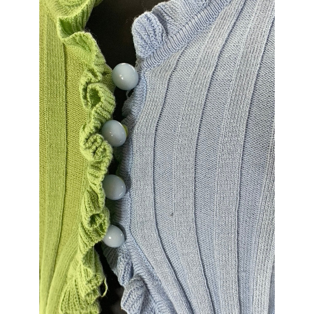 REDBERRY Women's Green/Blue Ribbed Button-Up Ruffle-Trim Short Sleeve Top SZ S/M