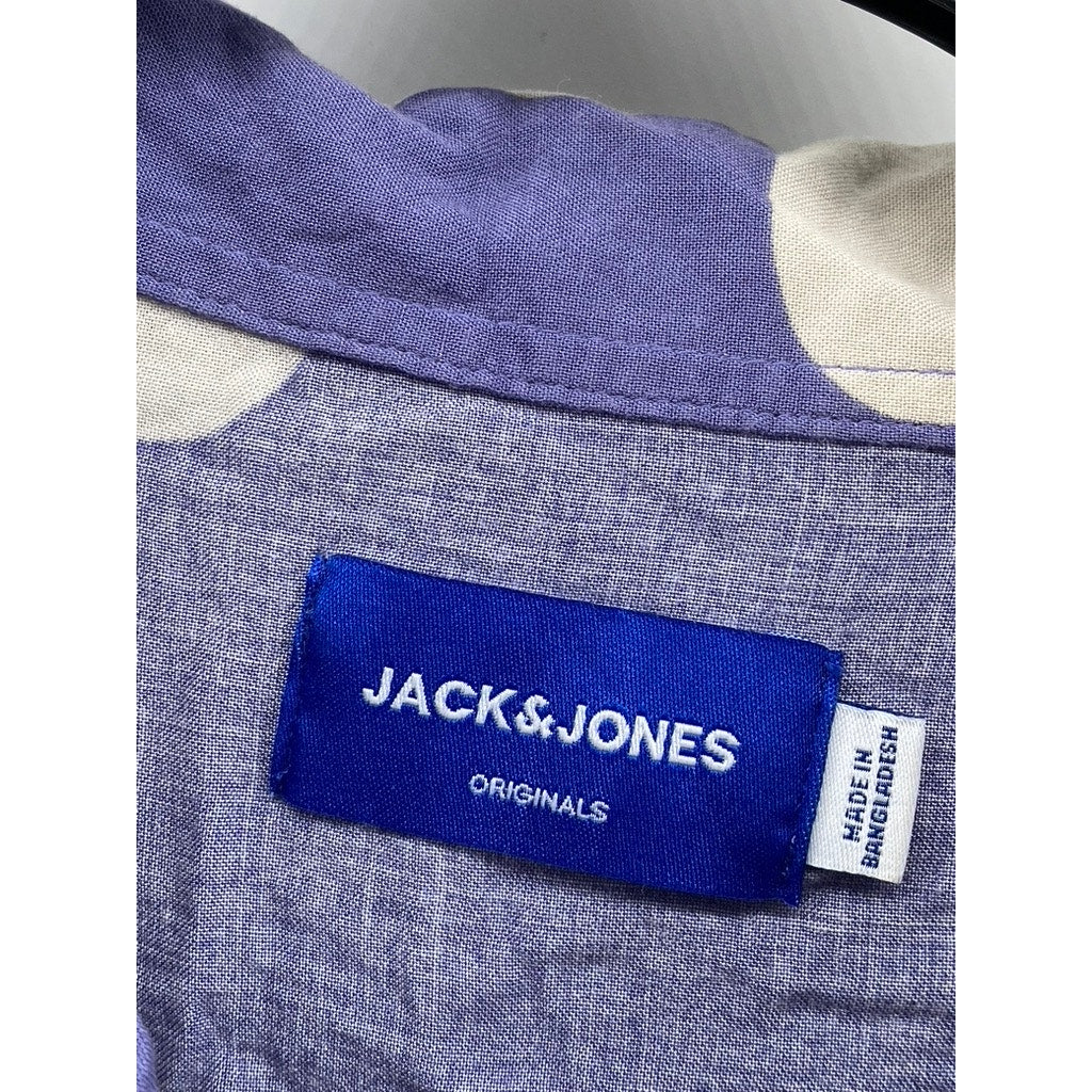 JACK & JONES Men's Blue-White Jorlagos Floral Button-Up Short Sleeve Shirt SZ L