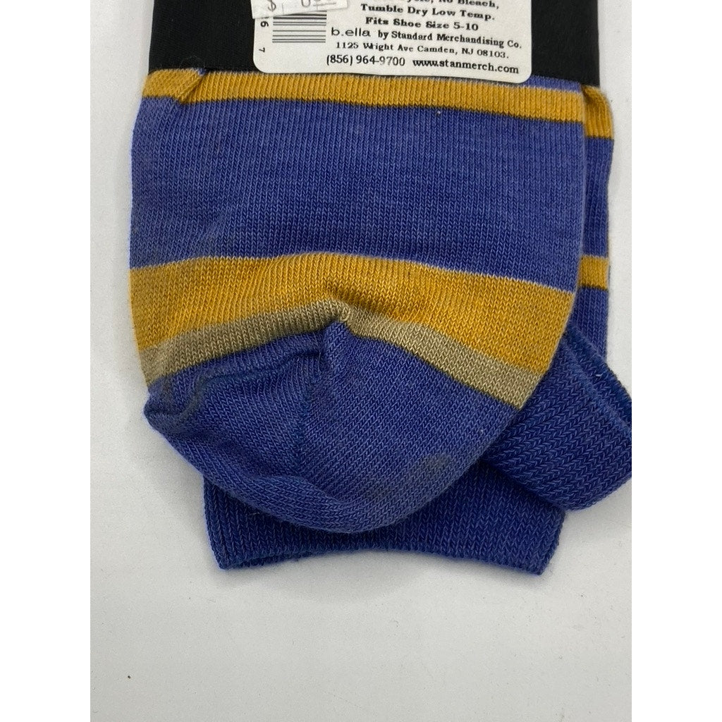 B.ELLA Women's Denim Blue-Gold Striped Knit Cotton-Blend Taryn Crew Socks SZ OS