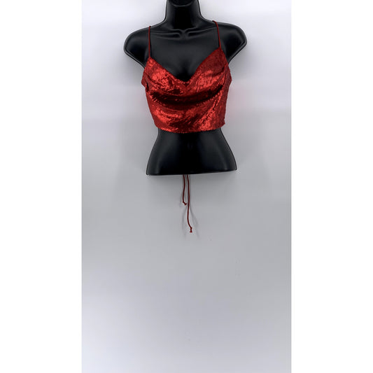 ZARA Women's Red Sequin Cowl-Neck Spaghetti Strap Cross Back Cropped Top SZ XS