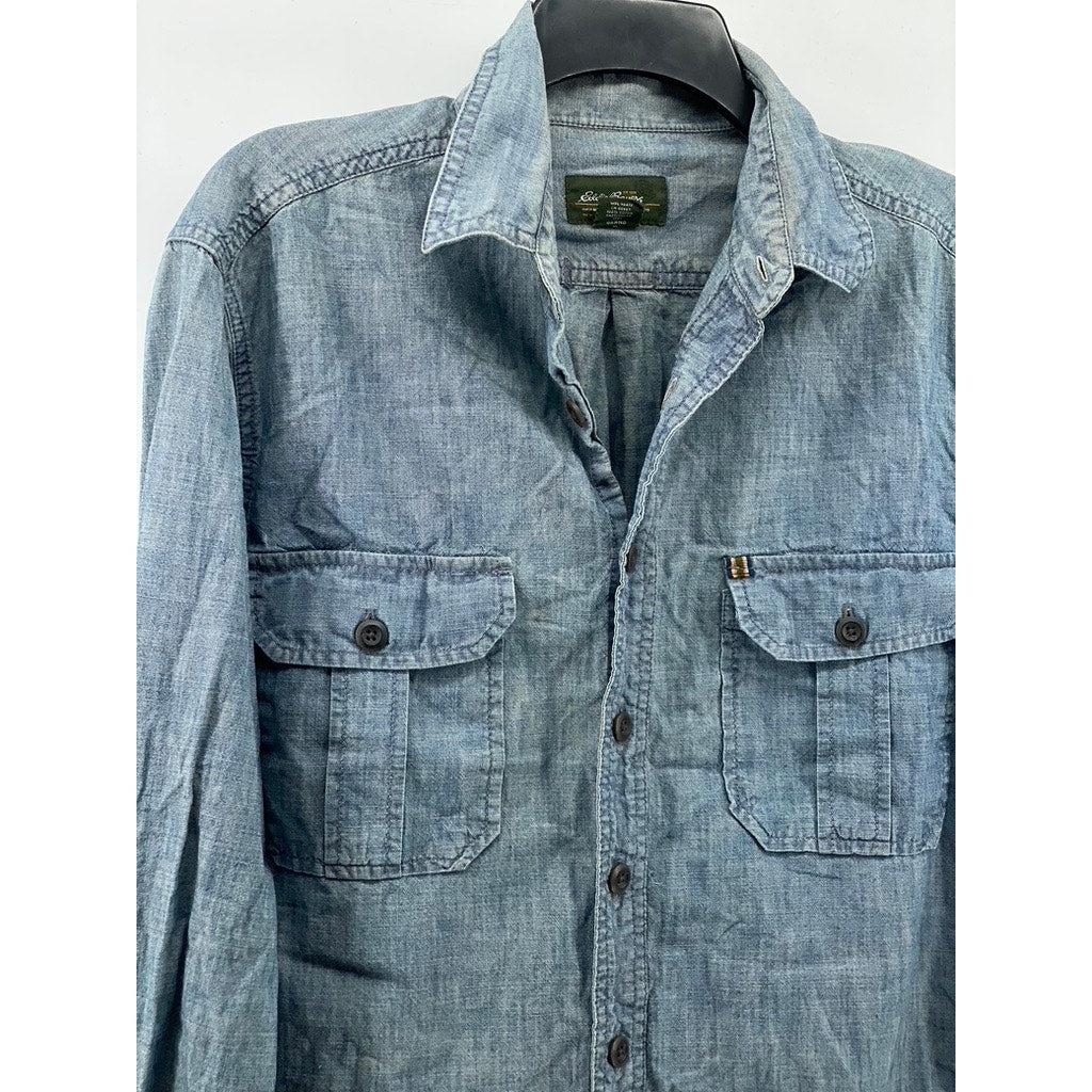 EDDIE BAUER Men's Vintage Blue Tall Chambray Button-Up Long Sleeve Shirt SZ M/T