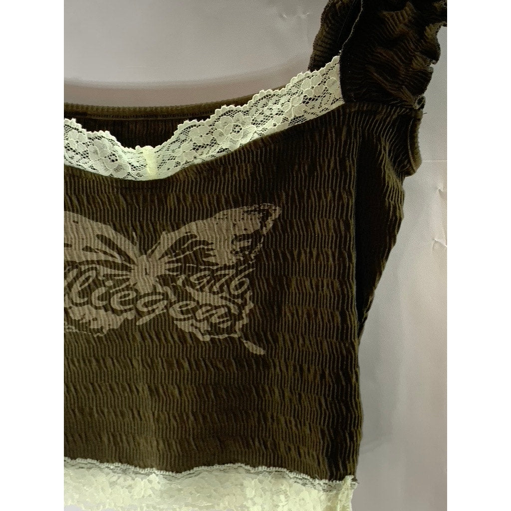 PROD Women's Dark Brown Butterfly Lace Trim Smocked Ruffle-Sleeve Crop Top SZ XS
