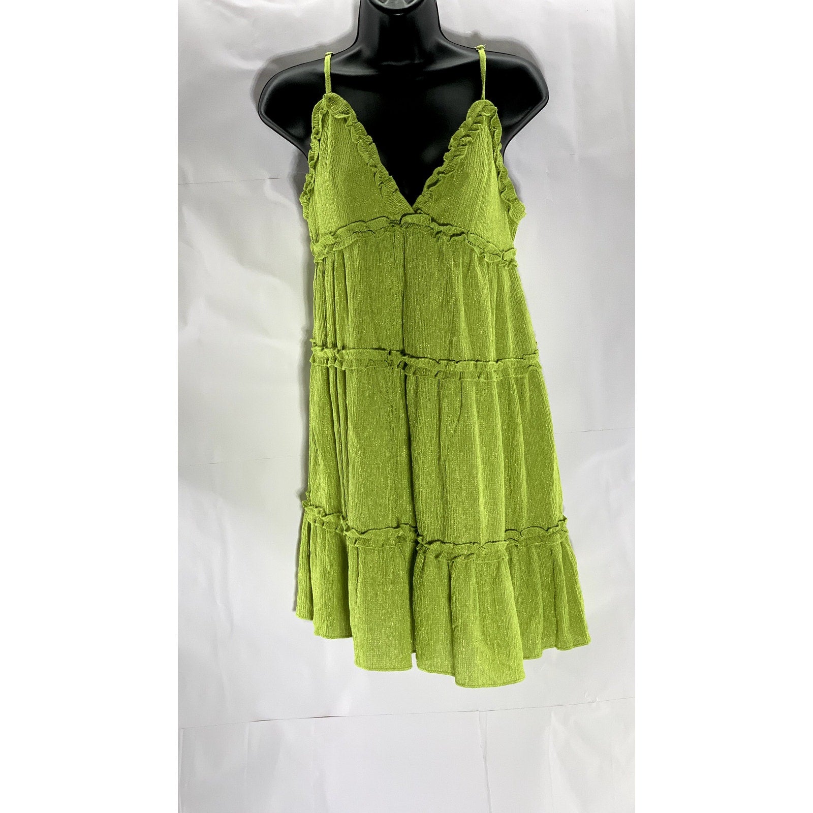 WILD FABLE Women's Lime Green Ruffle Tiered V-Neck Textured Mini Dress SZ M