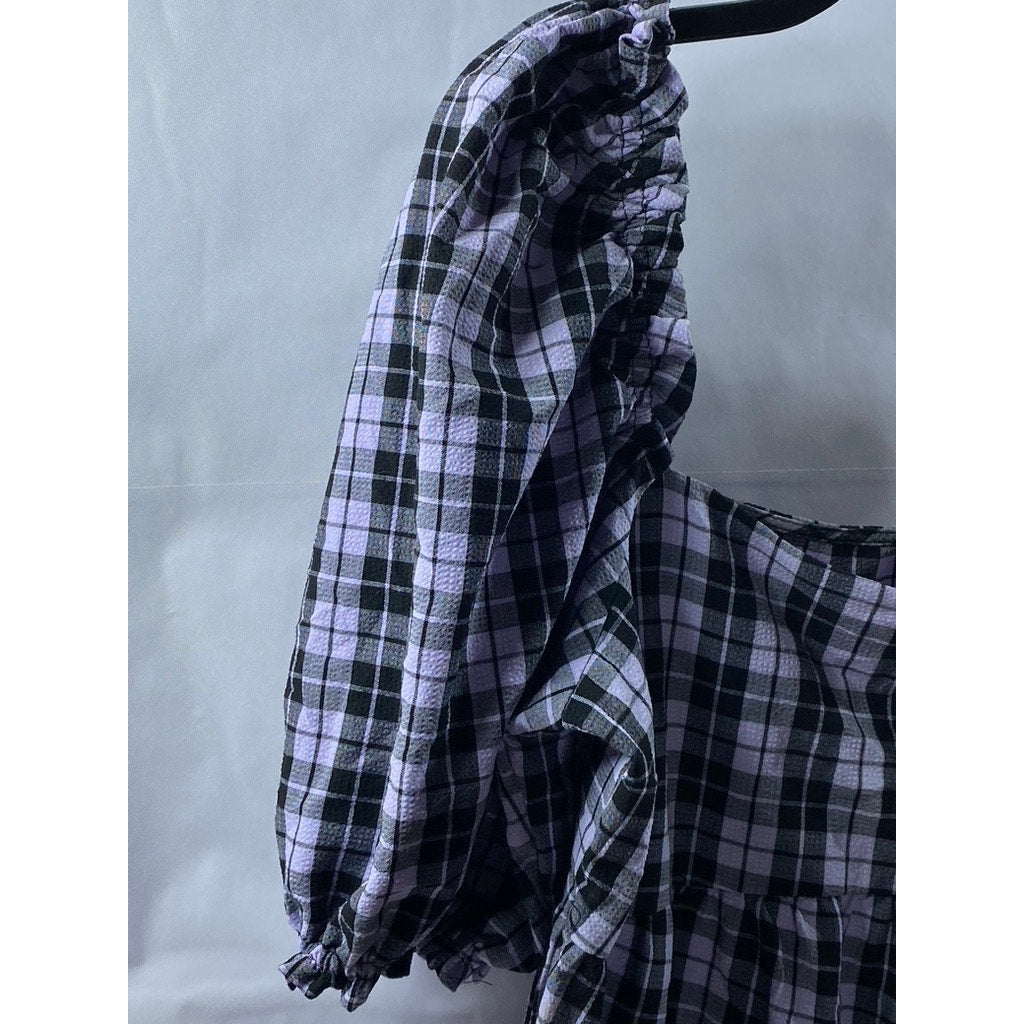 DIVIDED BY H&M Women's Purple-Black Sear Sucker Puff-Sleeve Mini Dress SZ M