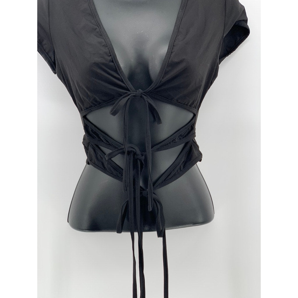 I.AM.GIA Women's Black V-Neck Cutout Wrap Short Sleeve Crop Top SZ S