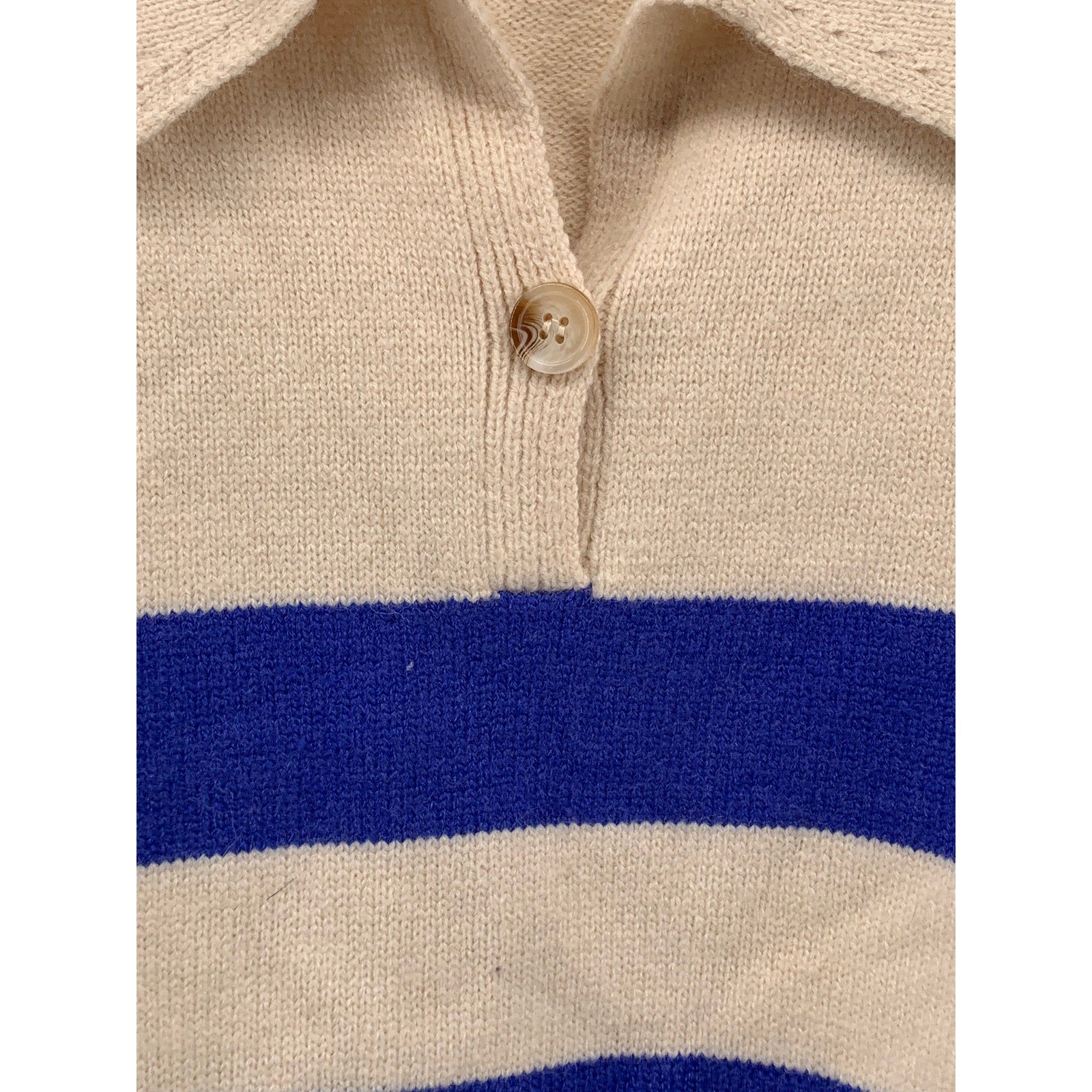 HYFVE Women's Blue-Beige Knit One-Button Lorraine Cobalt Stripe Polo Sweater SZS