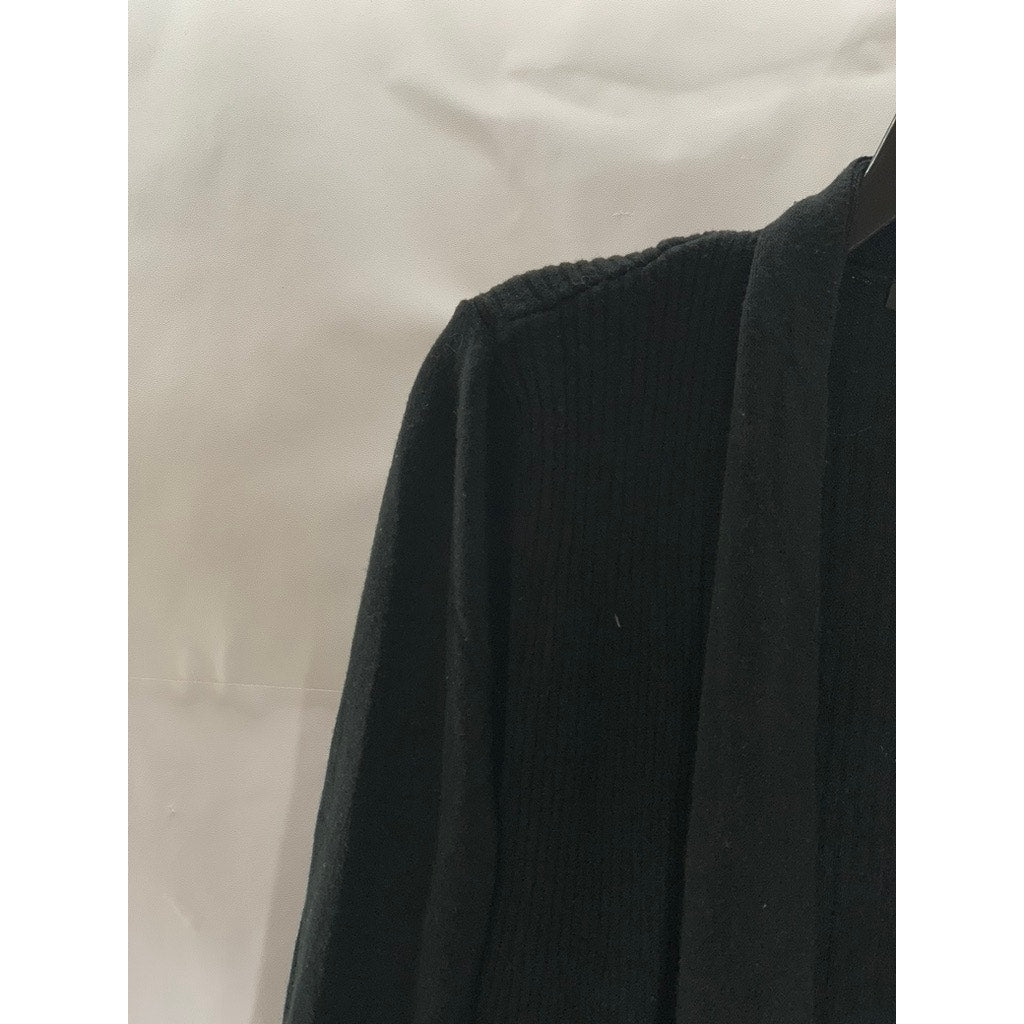 CYRUS Women's Black Solid Open-Front Shawl-Collar Ribbed Cardigan SZ M