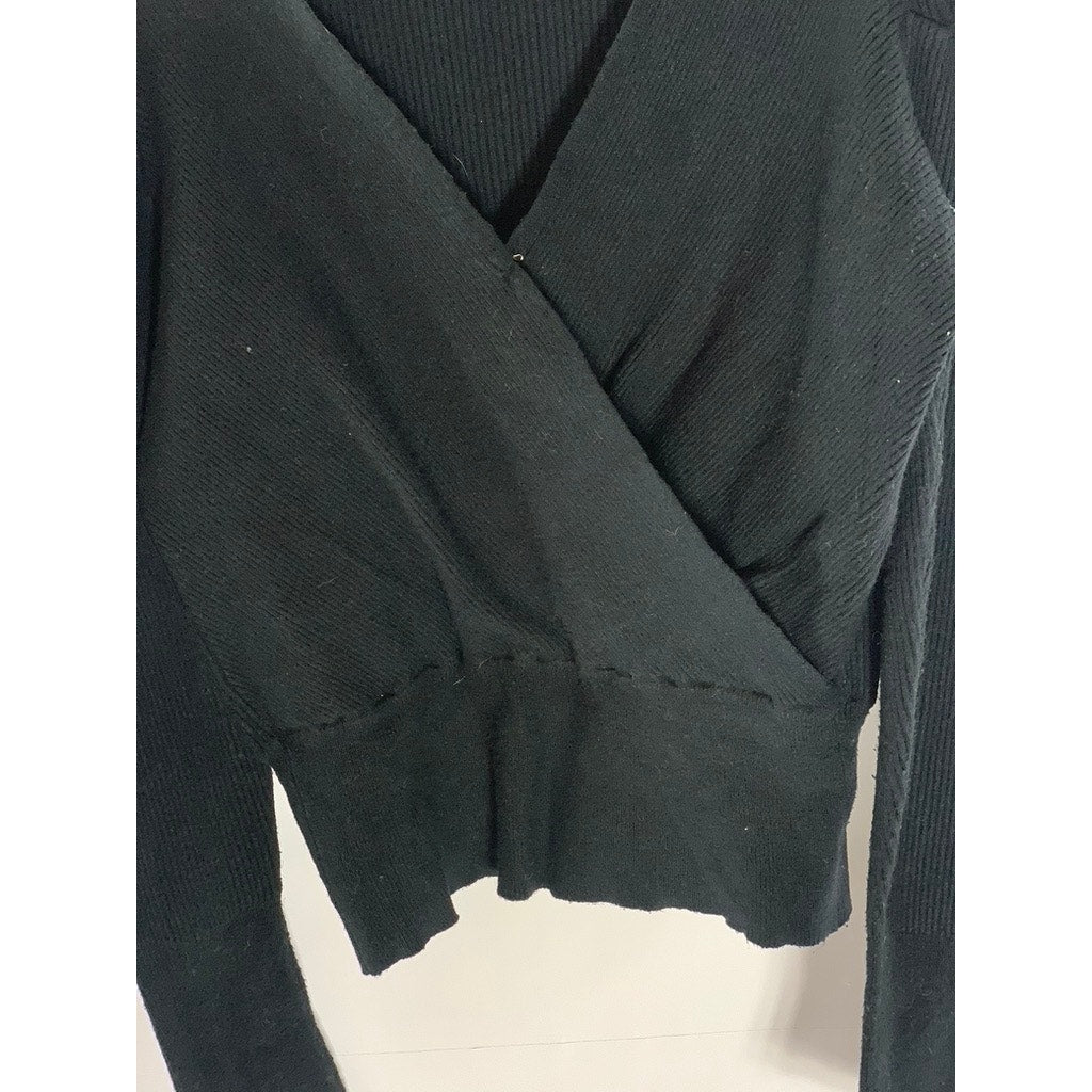 ASTR THE LABEL Women's Black Ribbed Puff Long Sleeve Surplice Top SZ XS