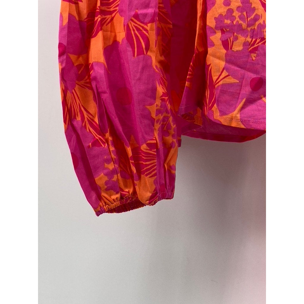 OLIVACEOUS Women's Orange-Pink Floral Puff Long Sleeve Tie-Front Top SZ S