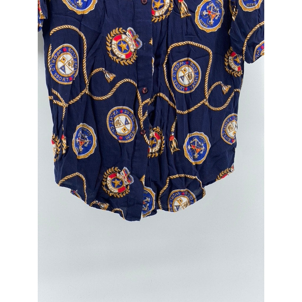 HUNTERS RUN Women's Vintage Navy Nautical Sailor Short Sleeve Button-Up Top SZ L