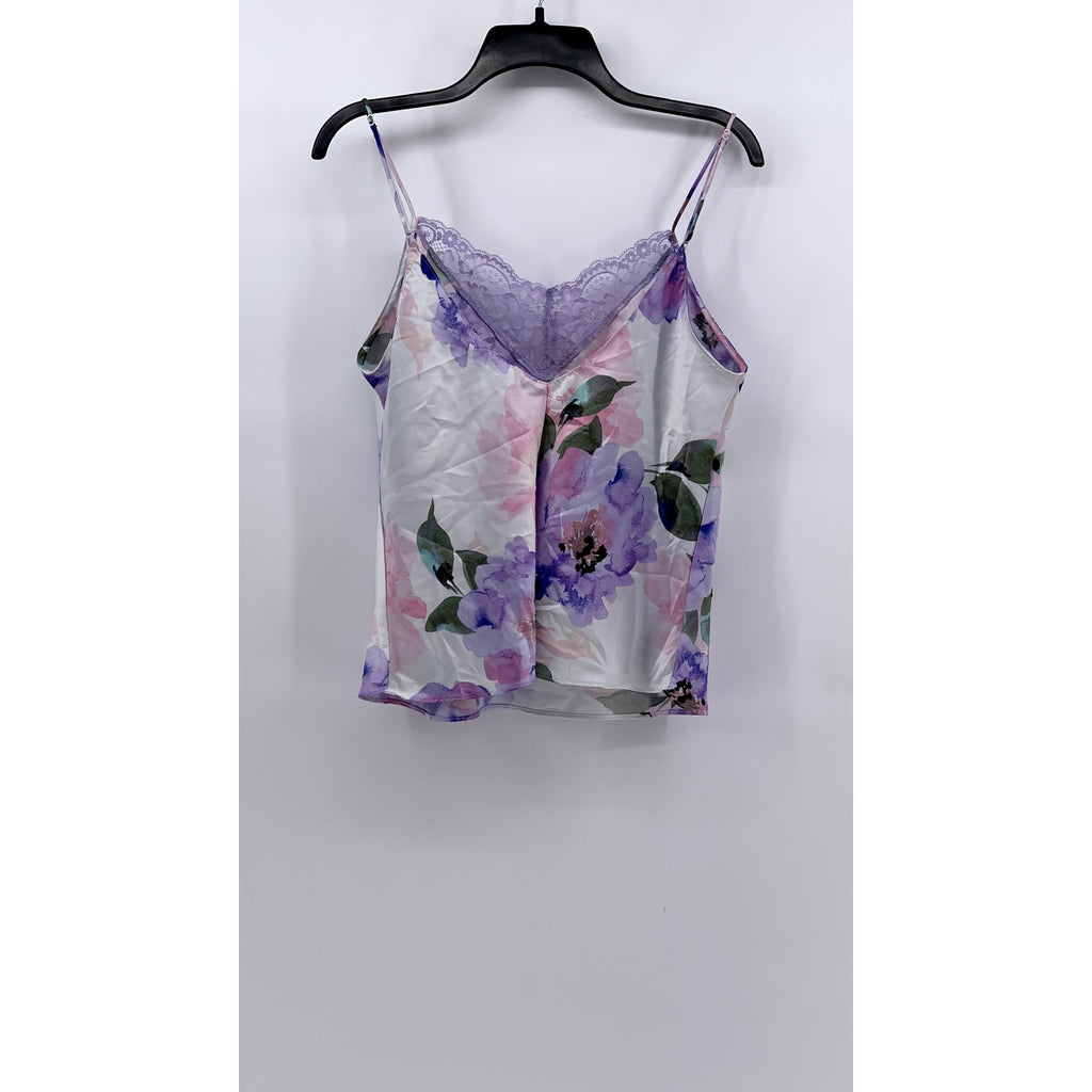 LILAC & LONDON Women's White Satin Floral Lace-Trim Sleep Top SZ L