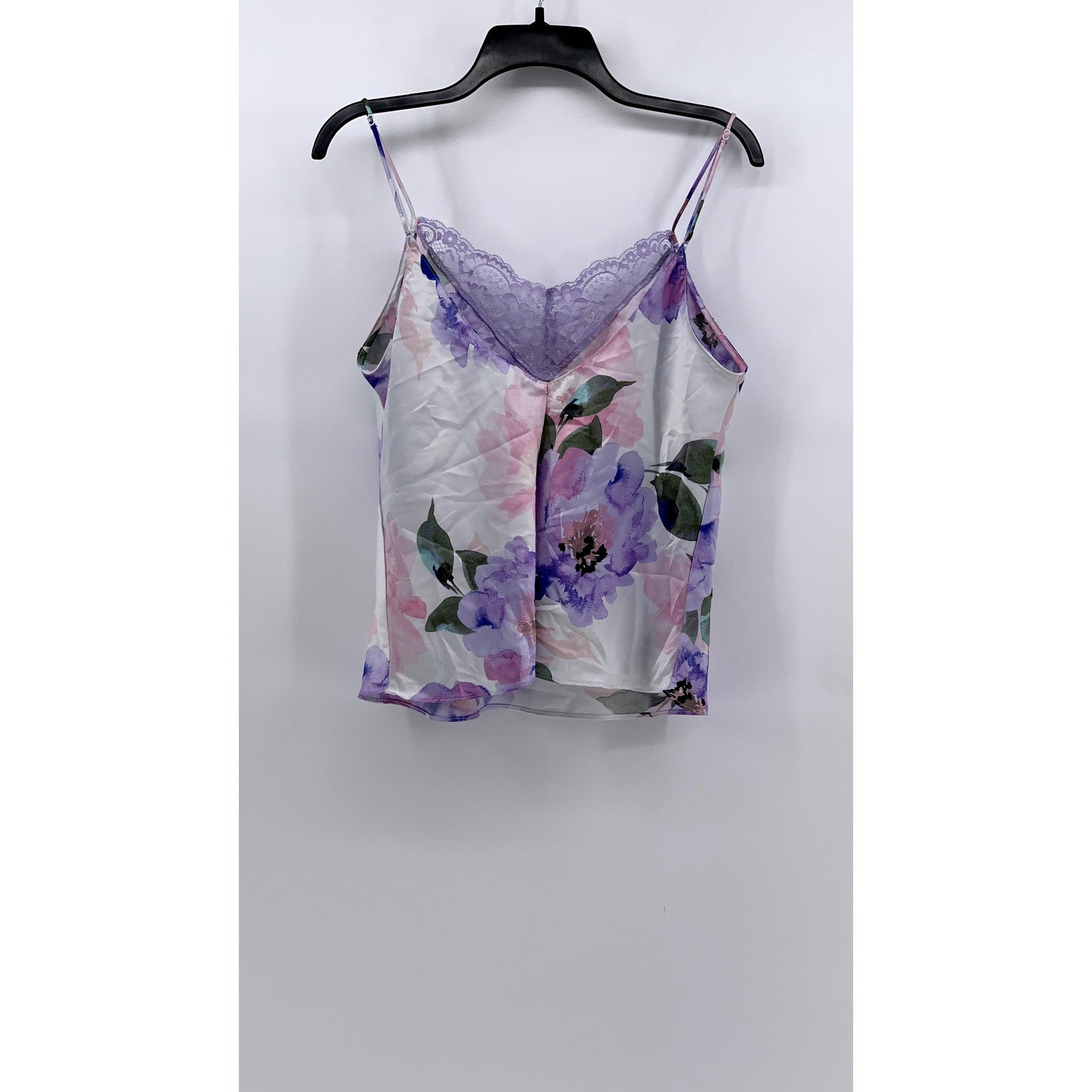 LILAC & LONDON Women's White Satin Floral Lace-Trim Sleep Top SZ L