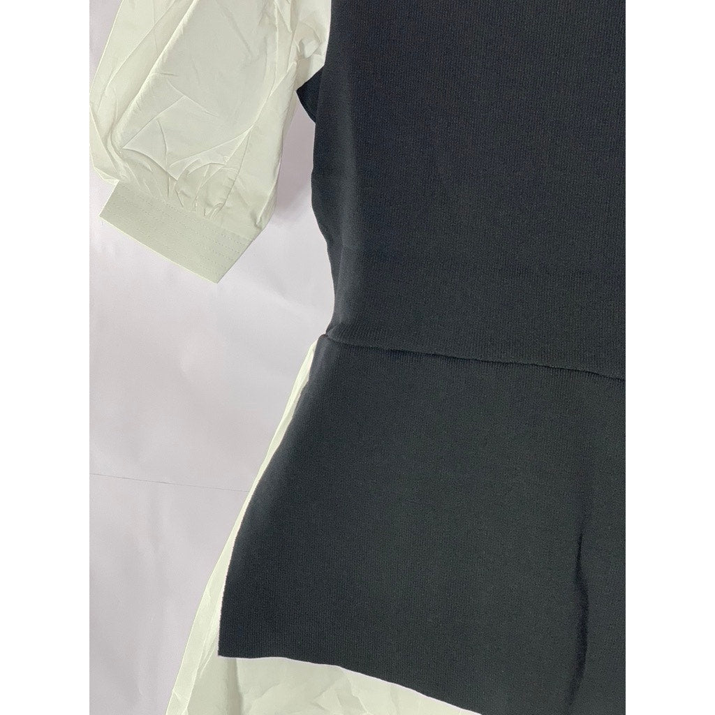 ENGLISH FACTORY Women's Black/White Short Puff Sleeve Poplin Mini Dress SZ L