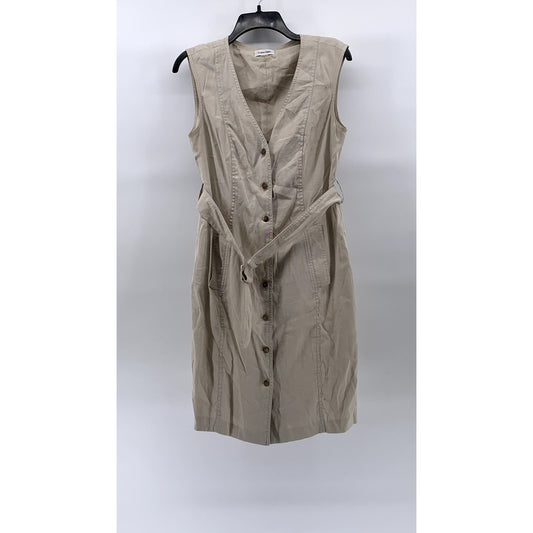 CALVIN KLEIN Women's Beige Canvas Button-Up Sleeveless V-Neck Belted Dress SZ 10