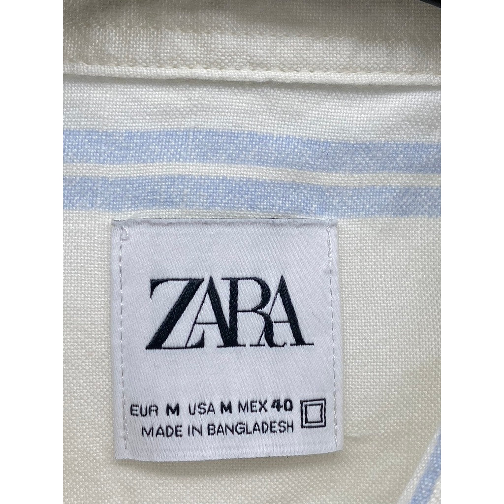ZARA Men's White-Blue Striped Linen-Blend Button-Up Long Sleeve Top SZ M