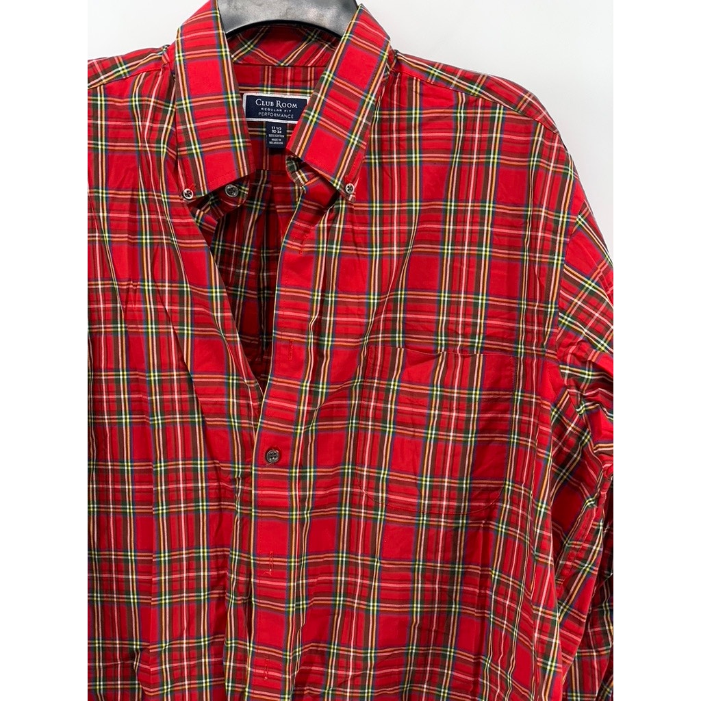 CLUB ROOM Men's Red-Green Plaid Regular-Fit Button-Up Long Sleeve Shirt SZ 17.5