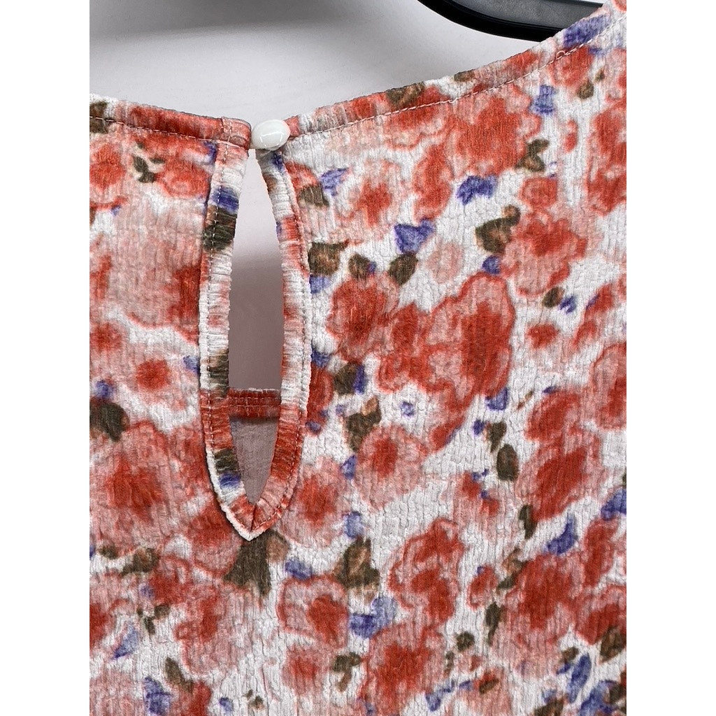 UNBRANDED Women's White-Orange Floral Short Ruffle Sleeve Top SZ 2XL