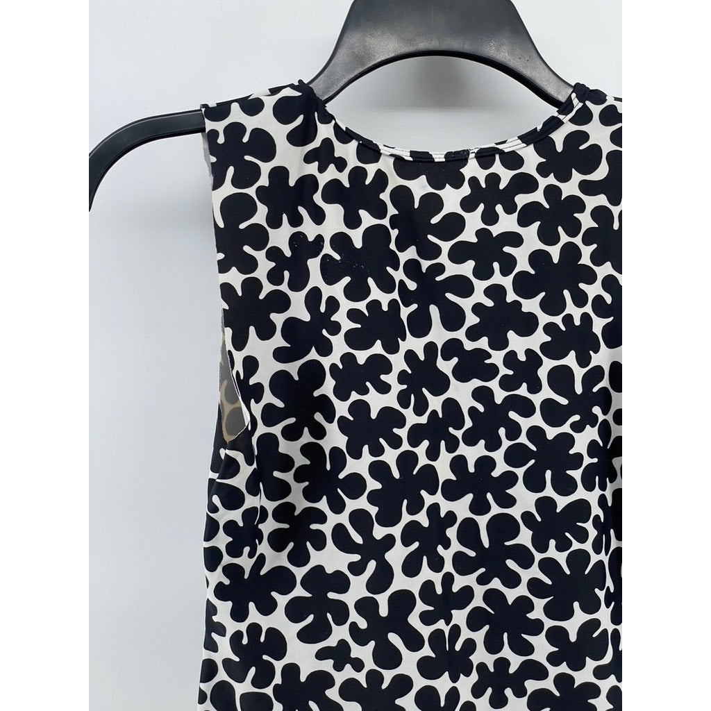 UNBRANDED Women's Black-White Floral Split-Neck Crewneck Sleeveless Top SZ S