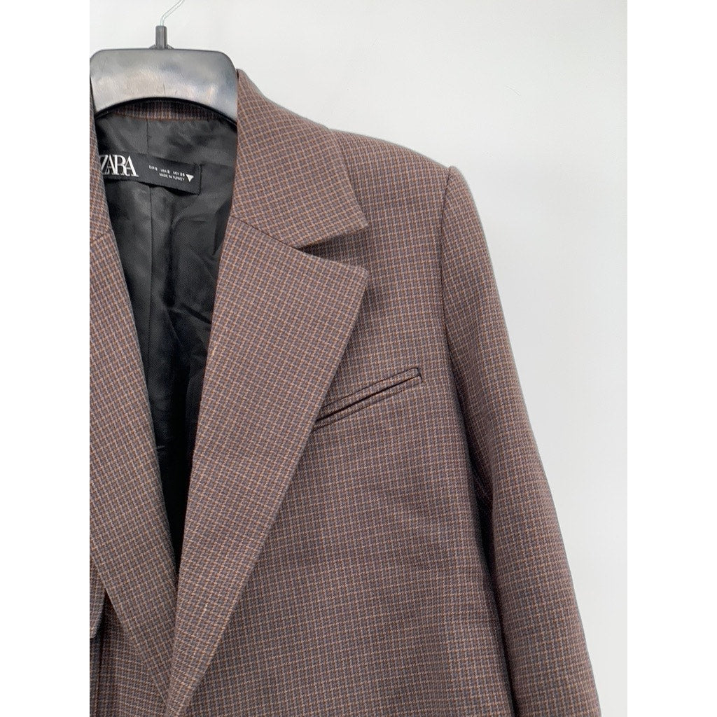 ZARA Women's Brown Gingham Open-Front Long Sleeve Cropped Blazer SZ S
