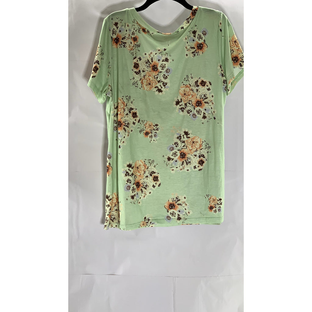 UNBRANDED Women's Light Green Floral Print V-Neck Short Sleeve Top SZ XL