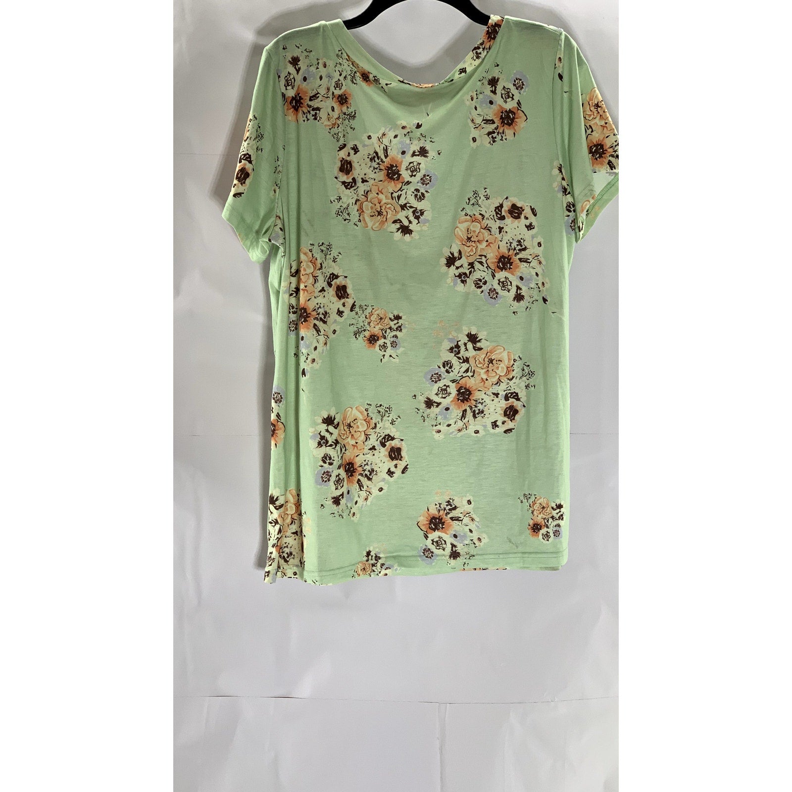 UNBRANDED Women's Light Green Floral Print V-Neck Short Sleeve Top SZ XL