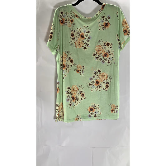UNBRANDED Women's Light Green Floral Print V-Neck Short Sleeve Top SZ XL