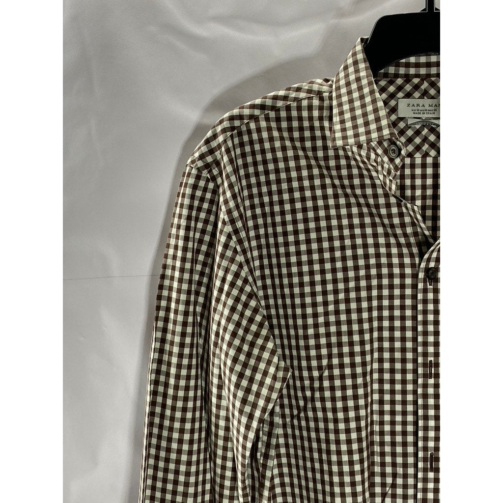 ZARA Men's Brown-White Gingham Print Slim-Fit Button-Up Long Sleeve Shirt SZ M