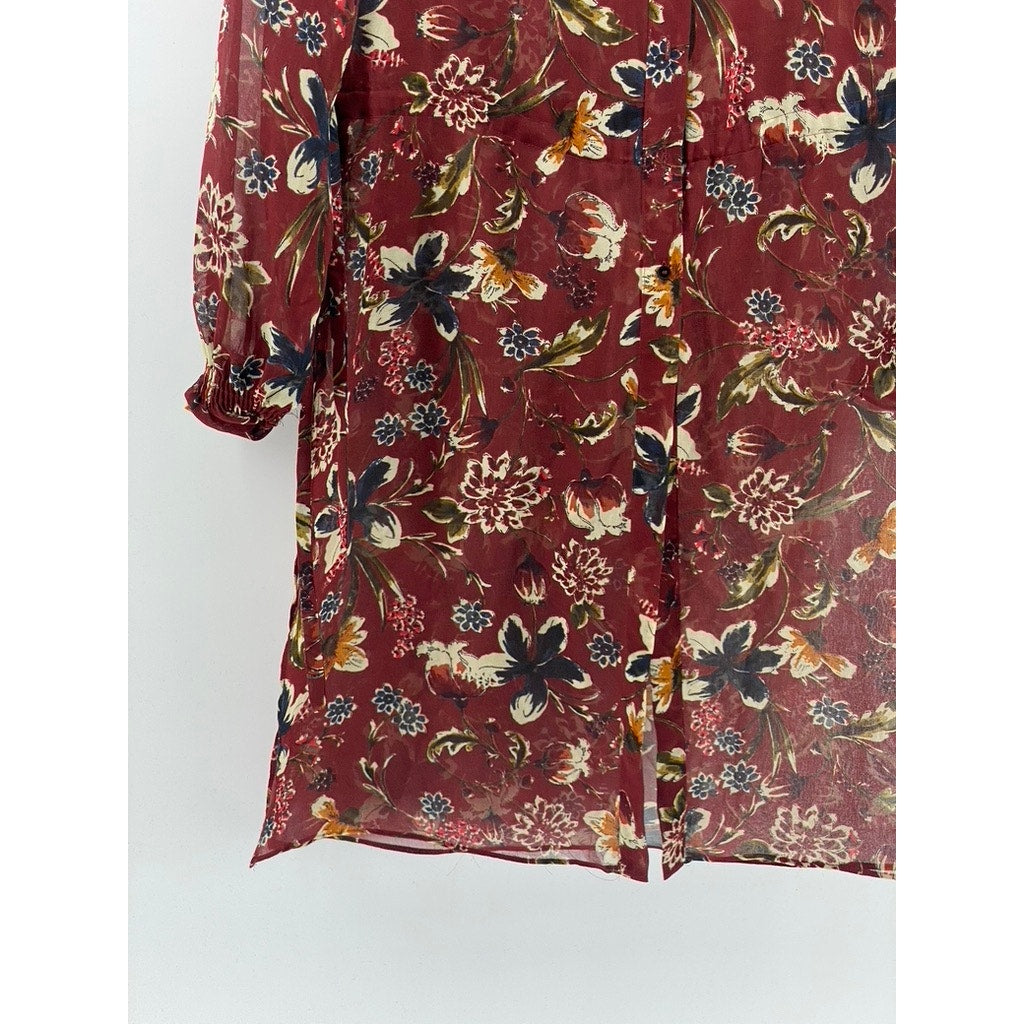 ZARA BASIC Women's Burgundy Floral Long Sleeve Button-Up Side-Slit Duster SZ XS