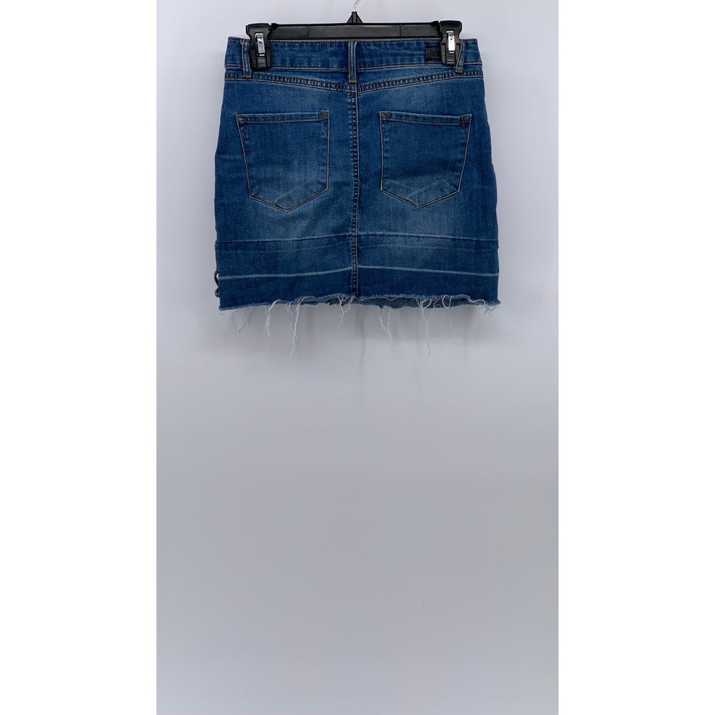 BLACK LABEL C'EST TOI Women's Blue Denim Frayed Lace-Up Straight Mini Skirt SZ M