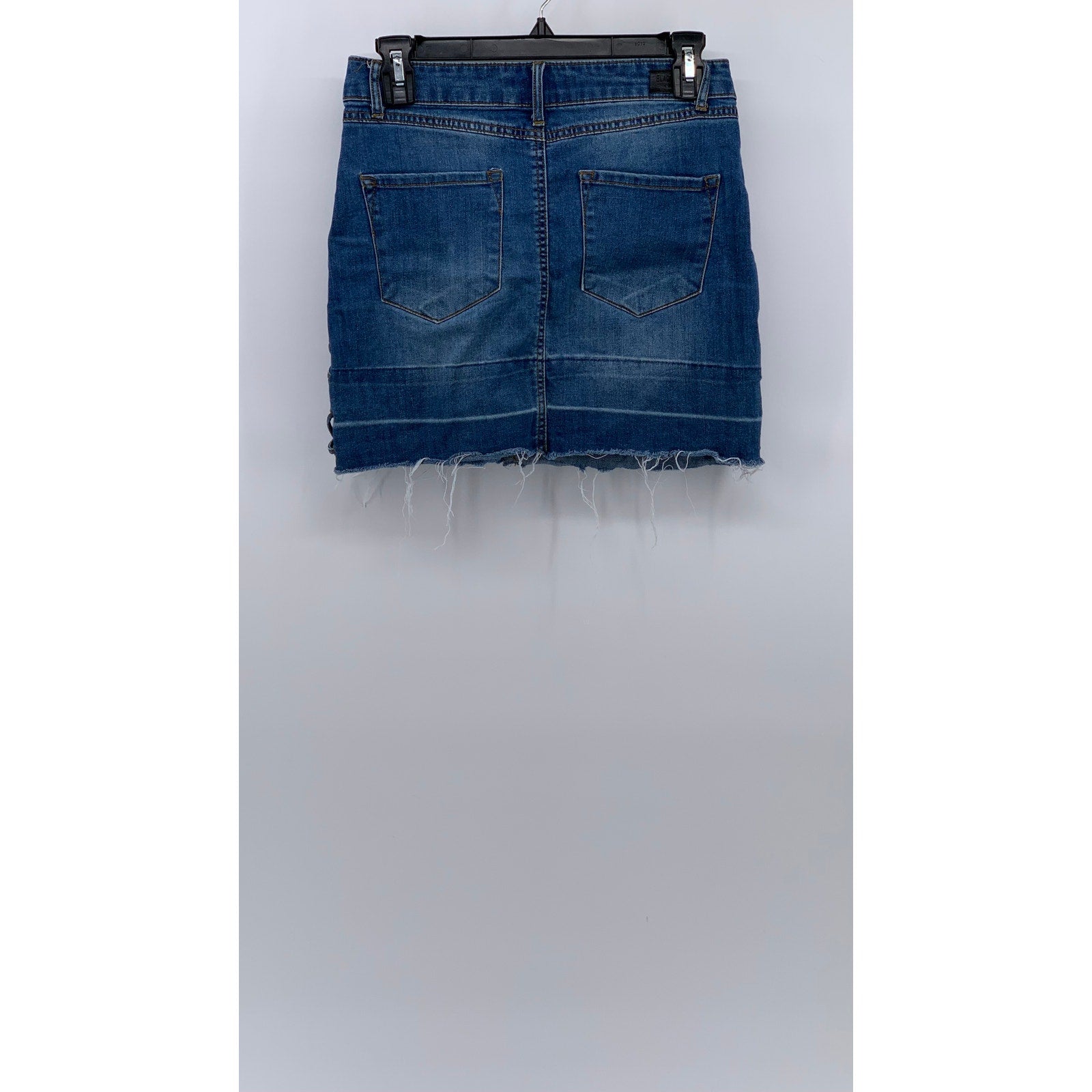 BLACK LABEL C'EST TOI Women's Blue Denim Frayed Lace-Up Straight Mini Skirt SZ M