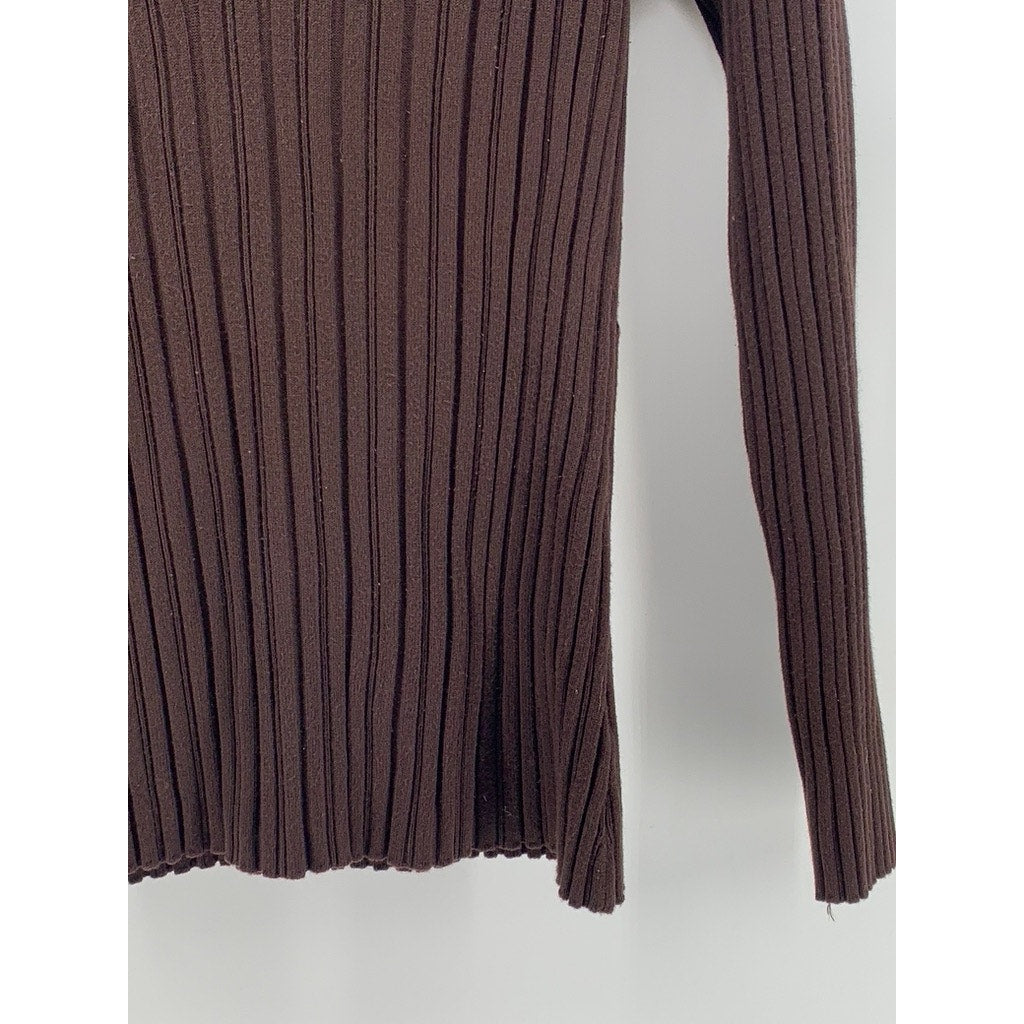 UNBRANDED Women's Brown Ribbed V-Neck Long Sleeve Top SZ S