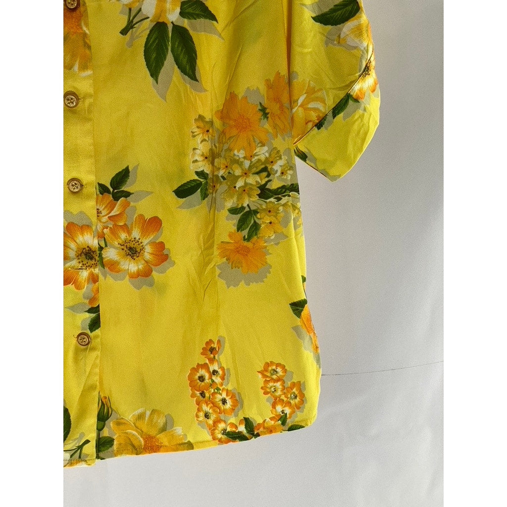 SIMPLE RETRO Women's Yellow/Orange Floral Print Short Sleeve Button-Up Top SZ S