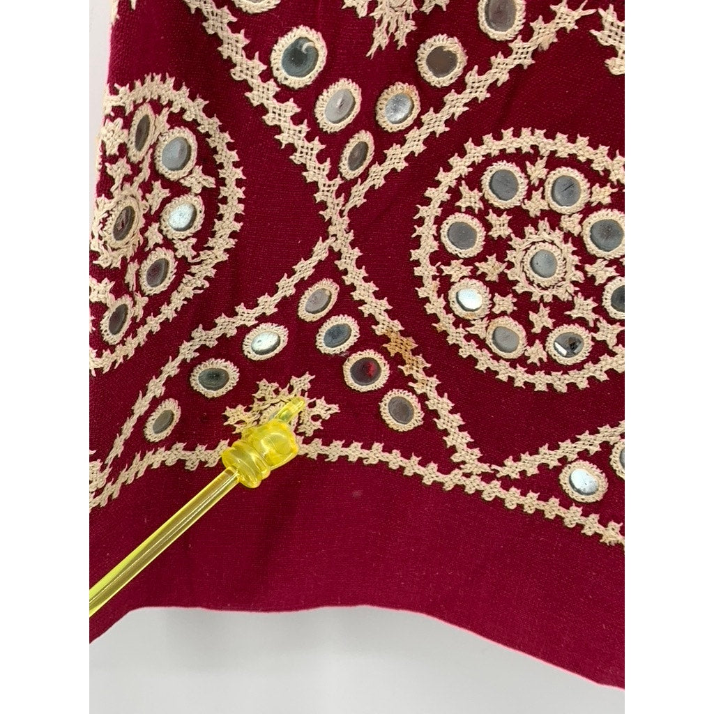 UNBRANDED Women's Burgundy-Beige Embroidered Embellished Eyelet Midi Skirt SZ S